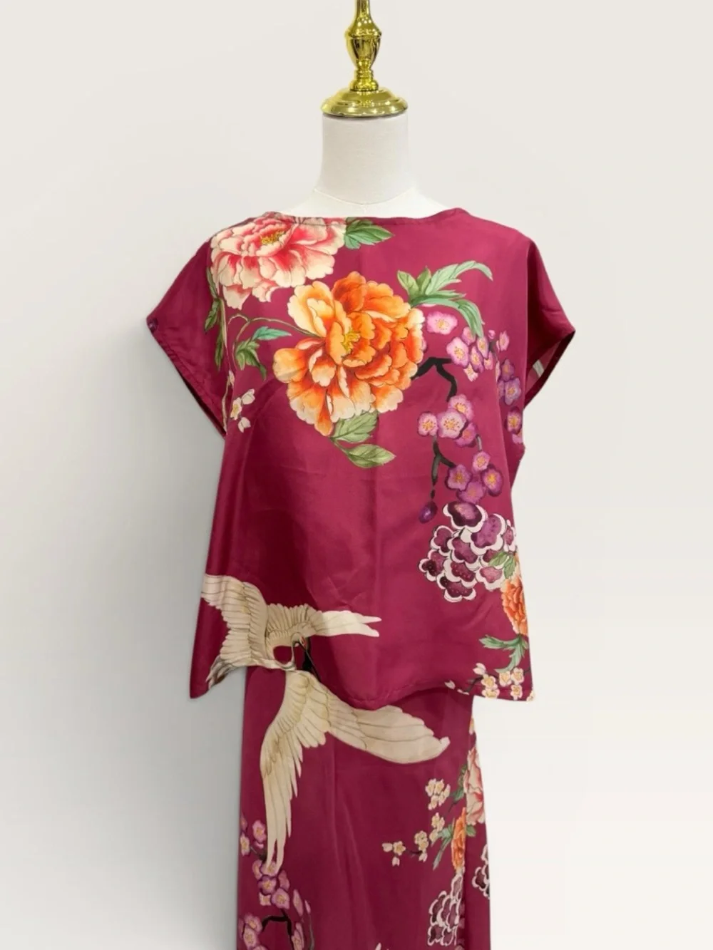 Bryn Walker NWT XXS Burgundy Silk Crane Floral Print Skirt & Top Set $360